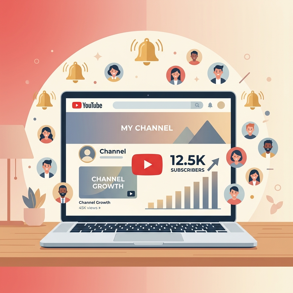 YouTube channel growth dashboard showing increasing subscriber count and video performance
